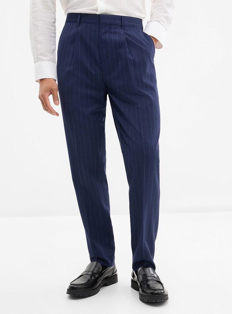 Le 31: Le pantalon rayures banquier Tissu de laine sign&eacute; Marlane <b>Coupe Reykjavik - Fusel&eacute;e &agrave; plis</b> Bleu pour homme