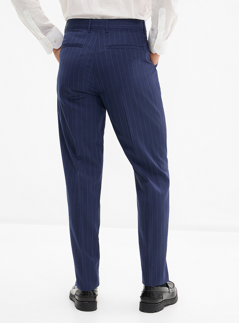 Le 31: Le pantalon rayures banquier Tissu de laine sign&eacute; Marlane <b>Coupe Reykjavik - Fusel&eacute;e &agrave; plis</b> Bleu pour homme