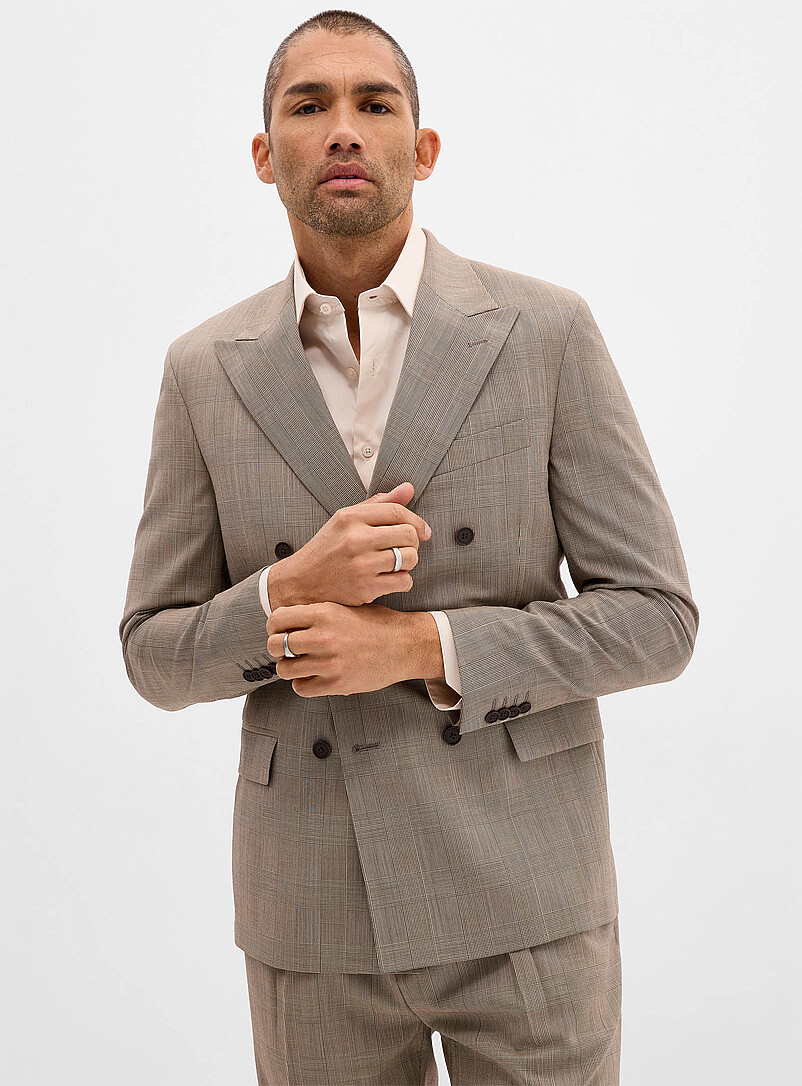 Le 31 Brown Double-breasted Prince of Wales suit Wool weave by Marzotto <b>Reykjavik fit - Semi-slim</b> for men