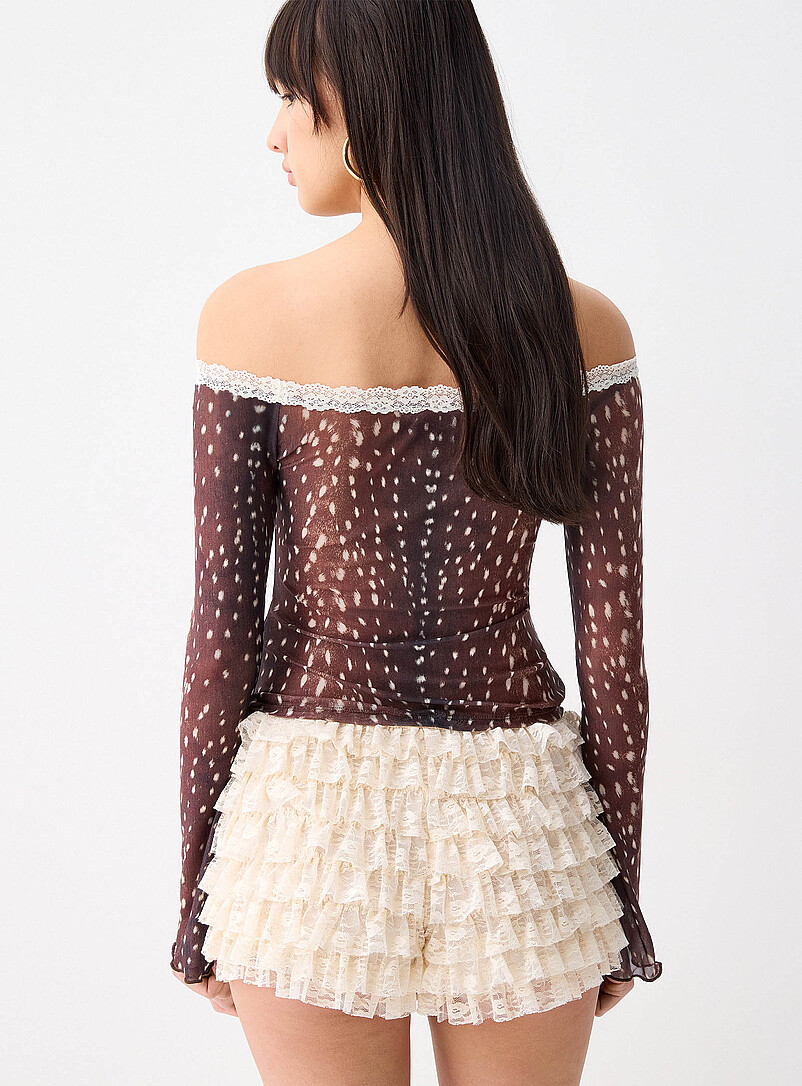 Twik Ivory/Cream Beige Ruffled lace mini short for women