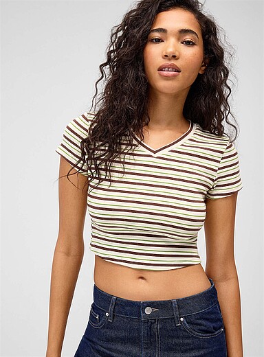 Twik Patterned Brown Striped fitted cropped T-shirt for women