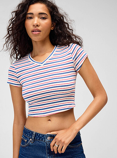 Twik Patterned Blue Striped fitted cropped T-shirt for women