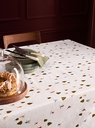 Simons Maison Patterned Ecru Downhill skiing vinyl tablecloth <b>Christmas Collection</b>