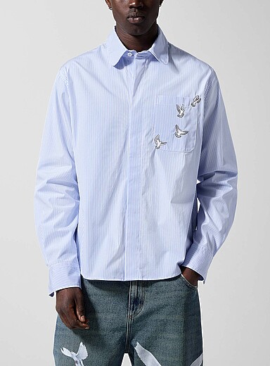 3.Paradis Patterned Blue Embroidered doves vertical stripes shirt for men