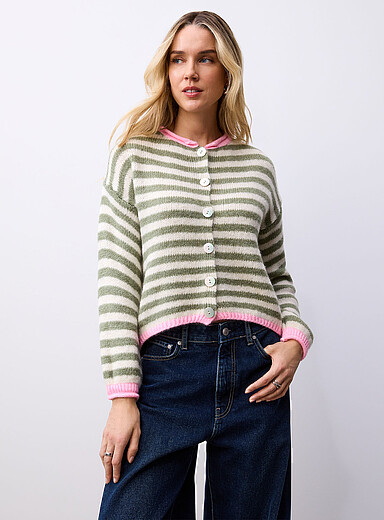 Contemporaine Patterned Green Contrasting rolled hem striped cardigan <b>Exclusive collection from Italy</b> for women