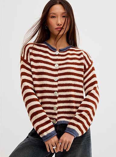 Contemporaine Patterned Blue Contrasting rolled hem striped cardigan <b>Exclusive collection from Italy</b> for women