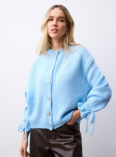 Contemporaine Baby Blue Tie-up ruffled sleeves cardigan <b>Exclusive collection from Italy</b> for women