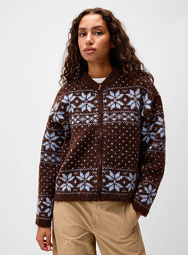 Twik Brown Northern jacquard fuzzy cardigan for women
