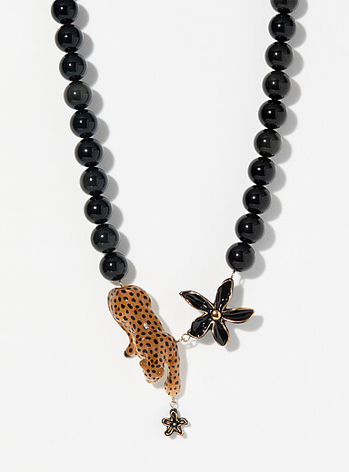 Leopard, flower and bead necklace