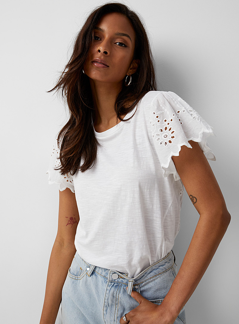 Icône: Le t-shirt dos broderie anglaise Blanc pour femme
