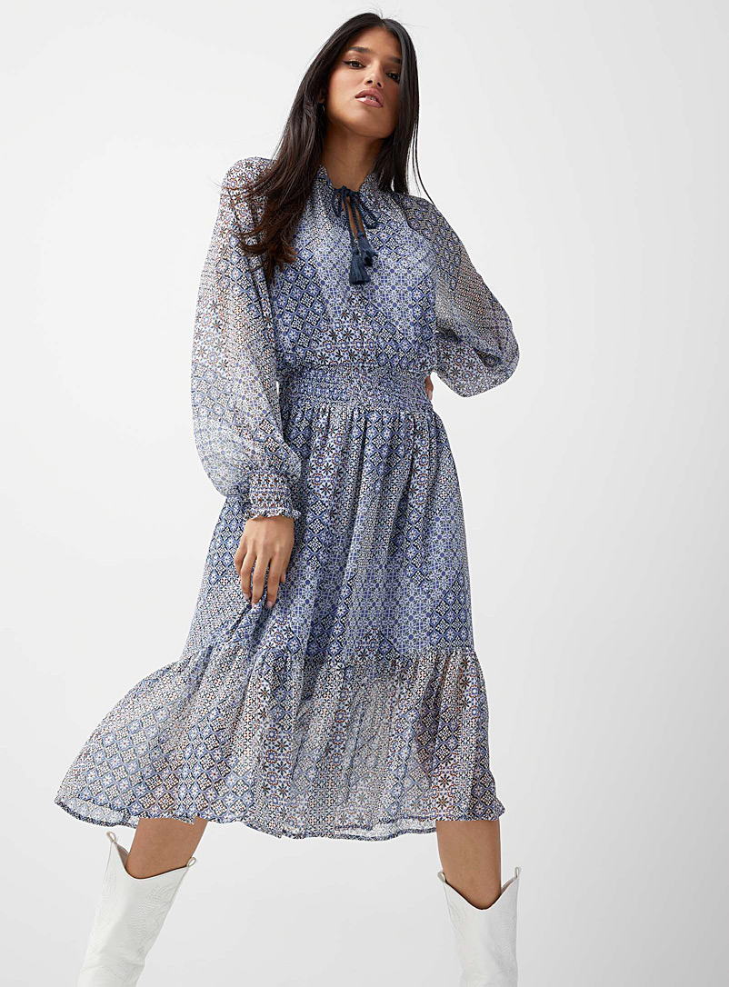 Icône Patterned Blue Smocked waist peasant dress for women