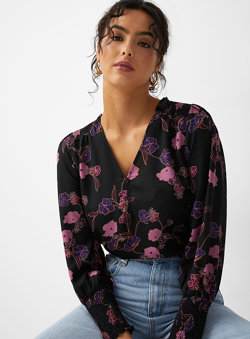 Icône Patterned Black Night garden chiffon blouse for women