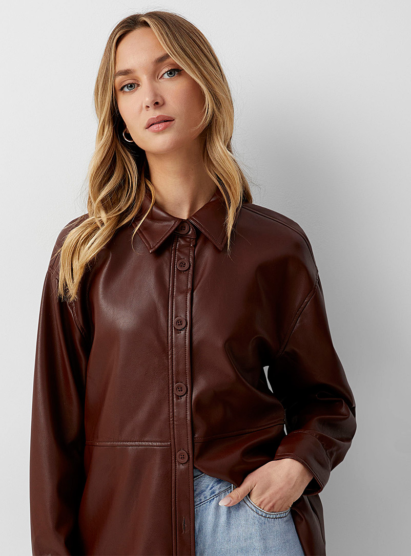 Icône Copper Topstitched seams faux leather mahogany overshirt for women
