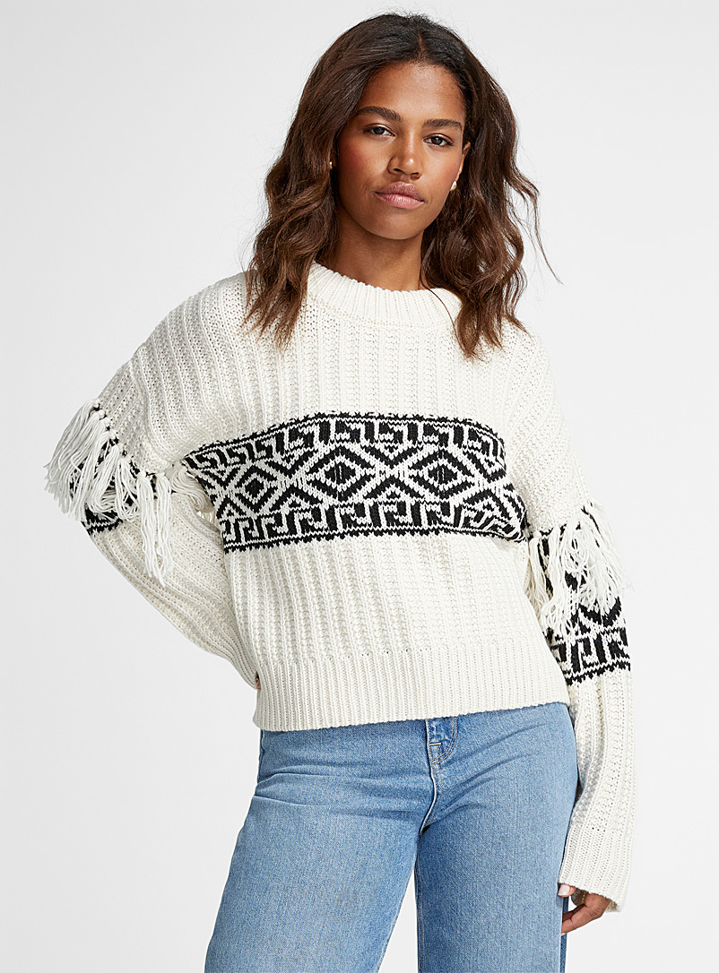 Icône Ivory White Geometric mosaic fringed sweater for women