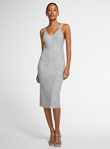 Icône Grey Fitted ribbed midi dress for women