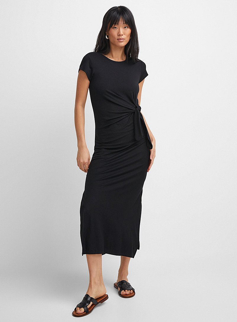 Icône: La longue robe t-shirt détail noué Noir pour femme