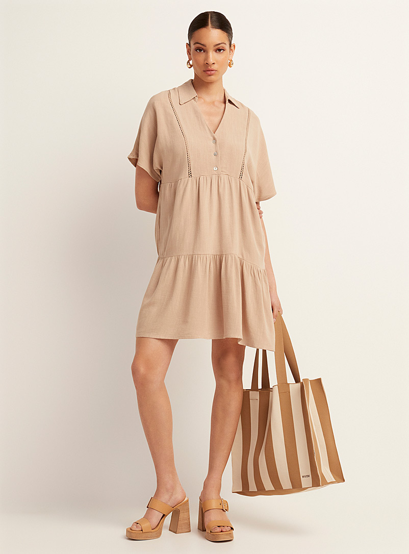 Icône Sand Touch of linen fine openwork strips tiered dress for women