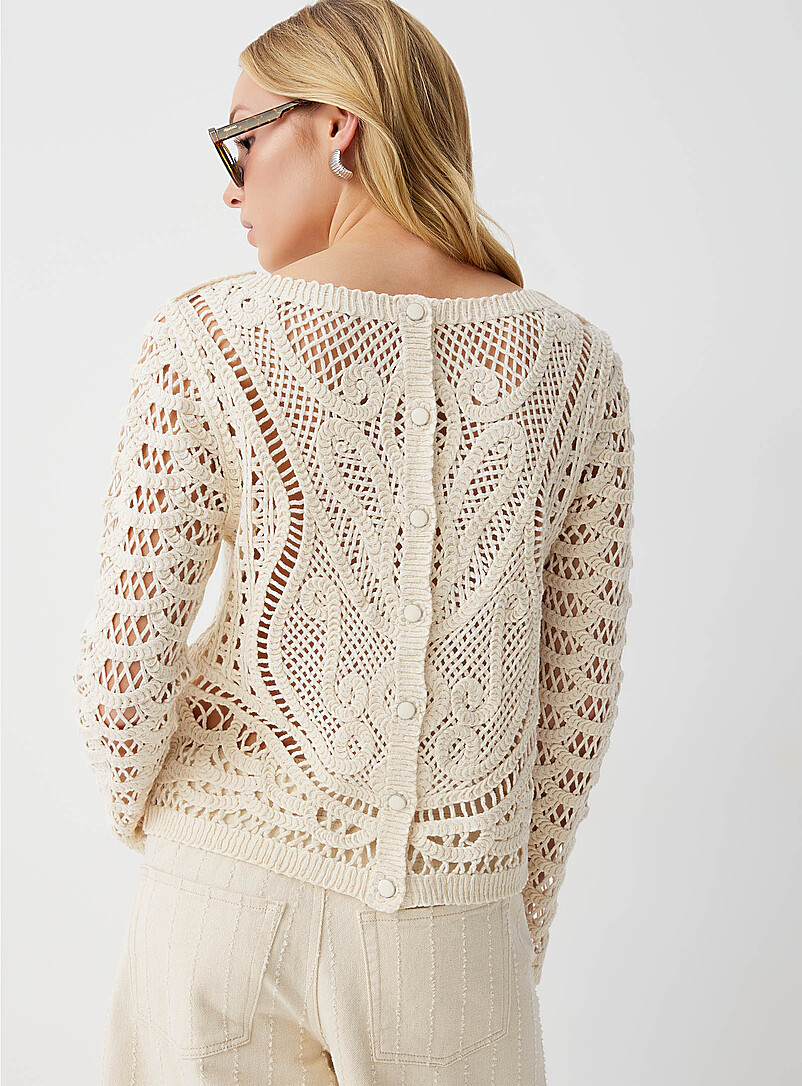Ic&ocirc;ne Mossy Green Buttoned back crocheted sweater for women