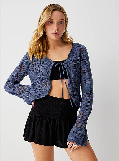 Ic&ocirc;ne Blue Openwork knit tie-up cropped cardigan for women