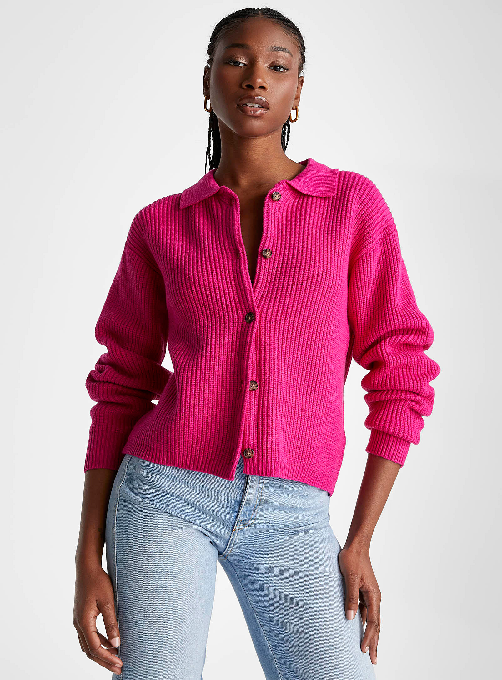 Icône - Women's Shaker-rib Polo Shirt collar cardigan