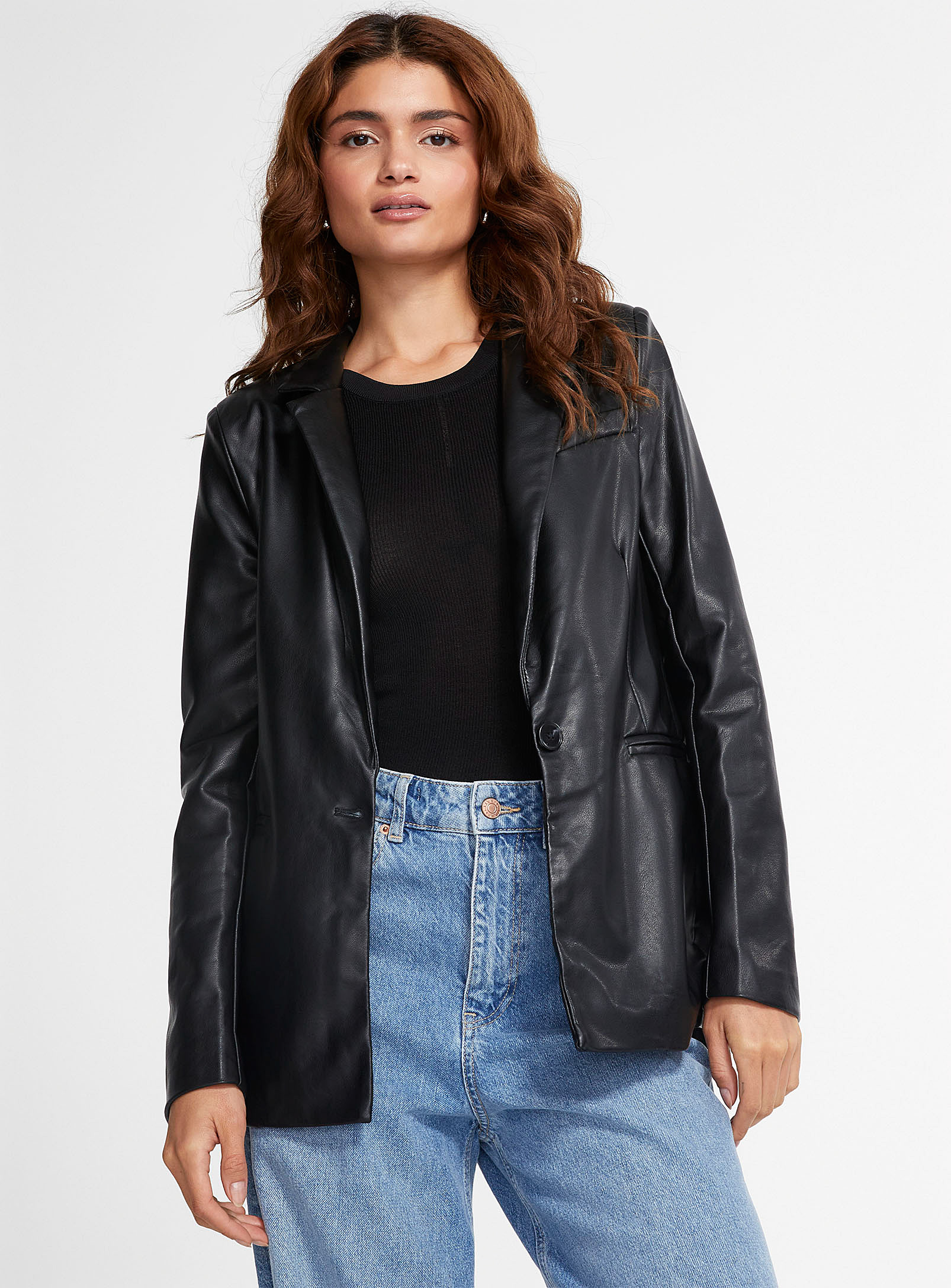 Icone Faux-leather Single-button Casual Blazer In Black