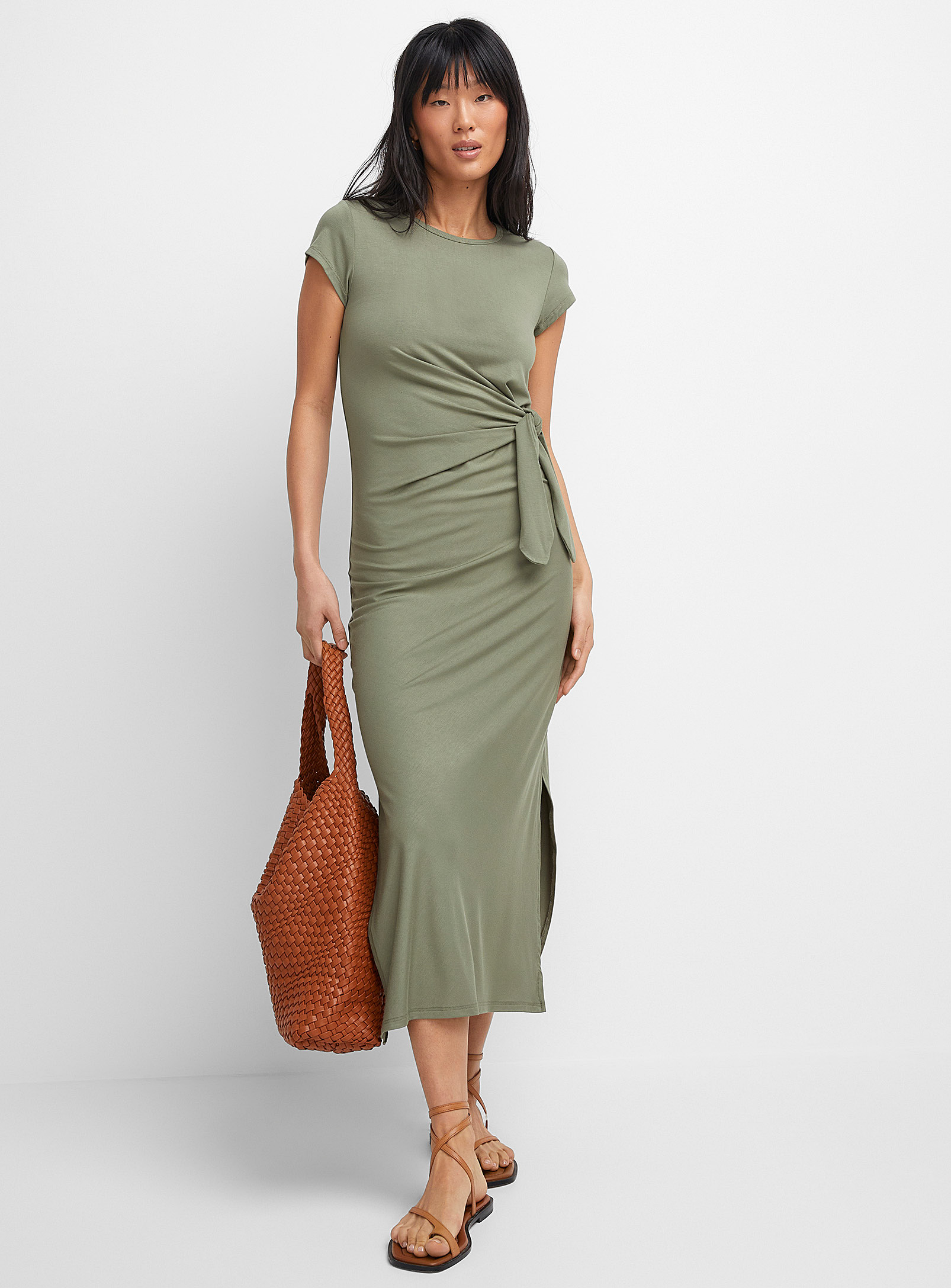 Icone Tie Detail Long T-shirt Dress In Mossy Green