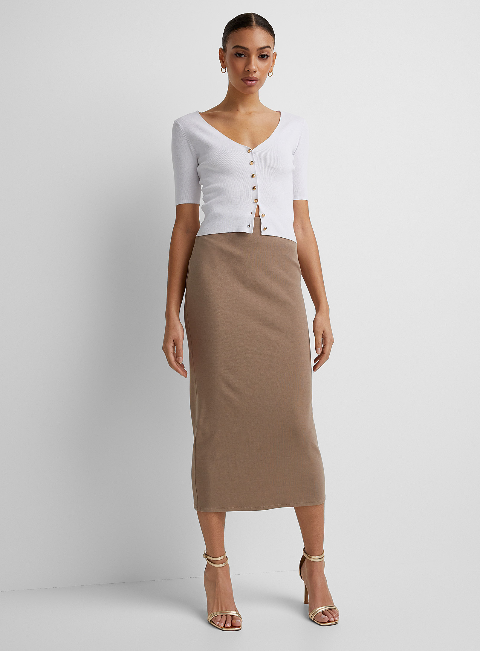 Icone Long Stretch Jersey Skirt In Light Brown