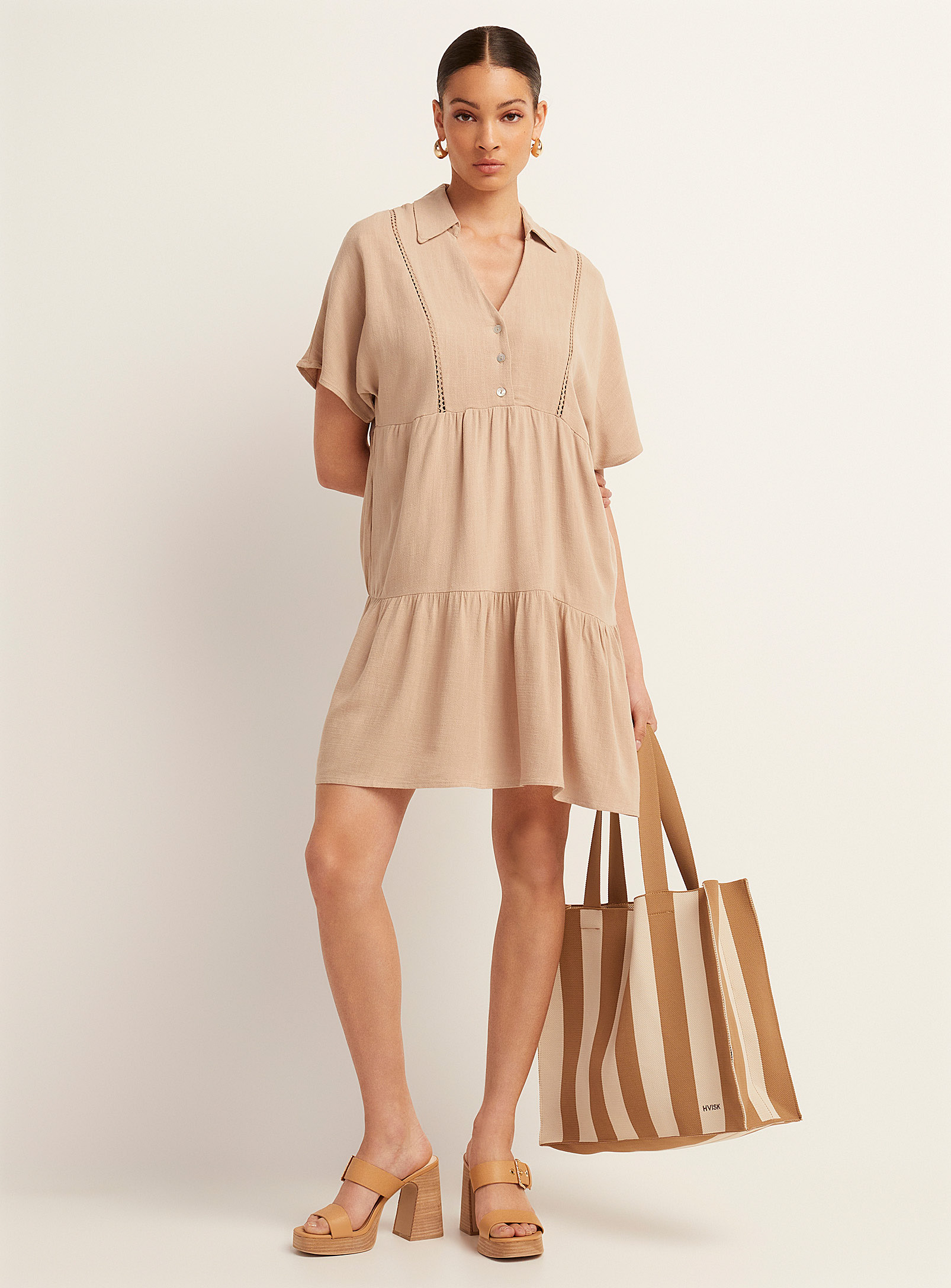 Icone Touch Of Linen Fine Openwork Strips Tiered Dress In Ecru/linen