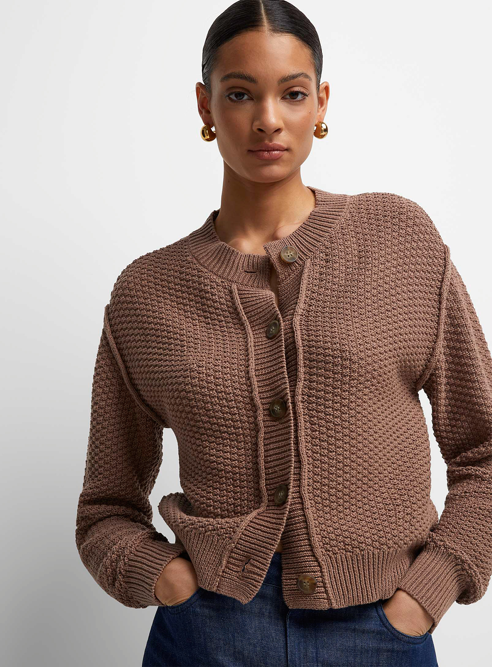 Icone Reverse Seams Textured Cardigan In Fawn