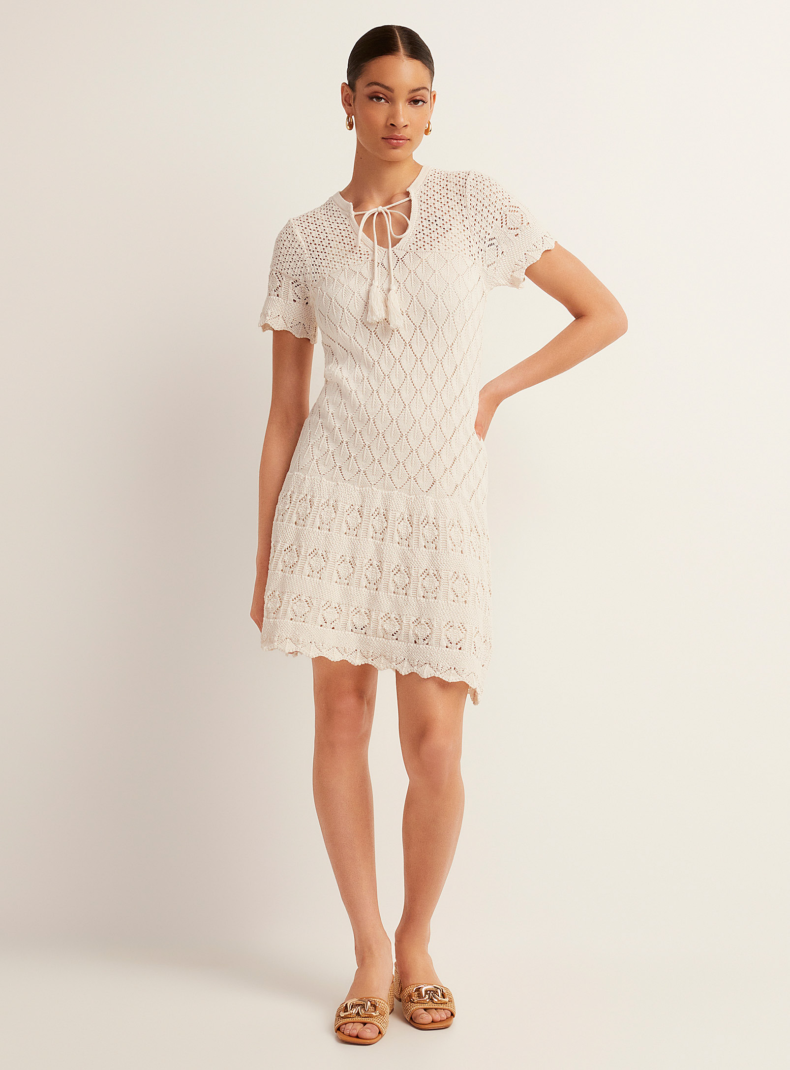 Icone Pointelle Knit V-neck Dress In Off White