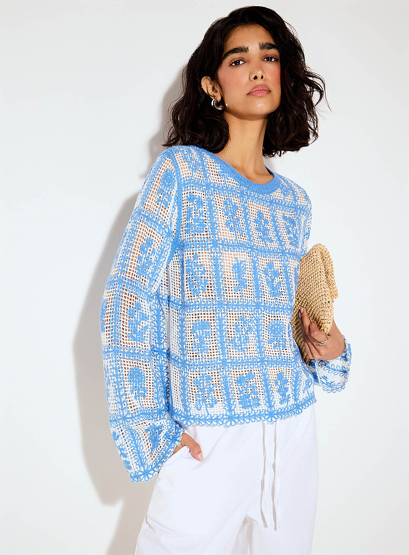 Crocheted Blue Flowers Openwork Sweater
