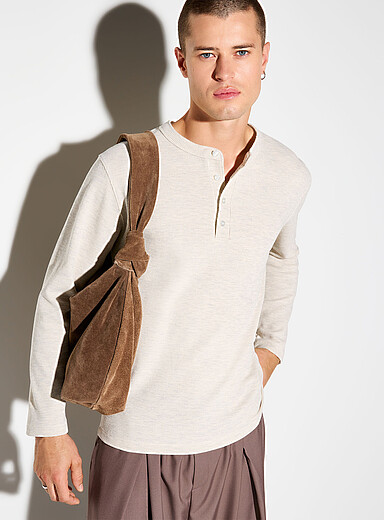 Le 31 Ivory Waffle Henley T-shirt <b>Imported from Seoul</b> for men