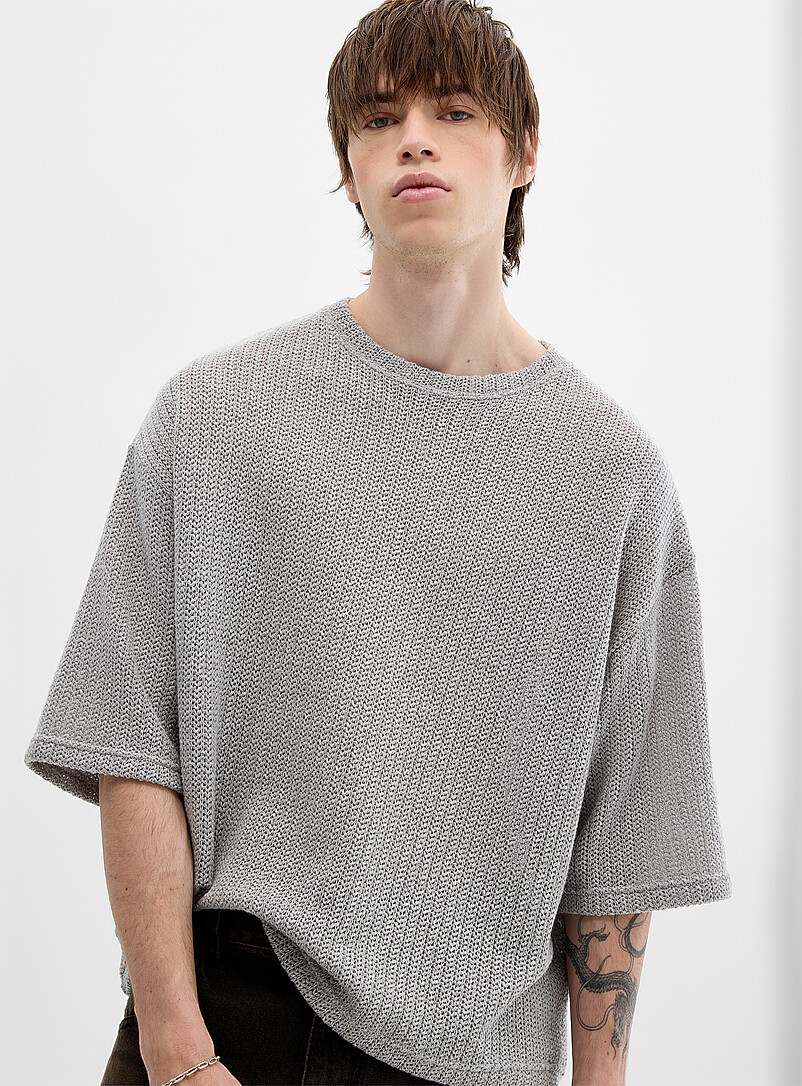 Djab Charcoal Oversized openwork knit T-shirt <b>Imported from Seoul</b> for men
