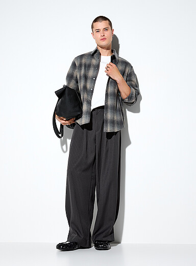 Le 31: Le pantalon jambe large rayures banquier Coupe ample <b>Importation de S&eacute;oul</b> Charbon pour homme