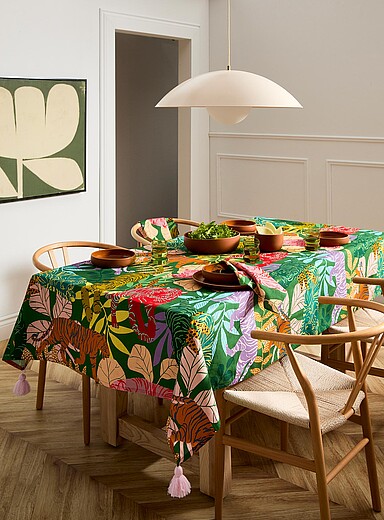 Dora Nola Patterned Black Tasselled colourful tablecloth