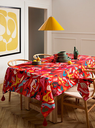 Dora Nola Patterned Black Tasselled colourful tablecloth