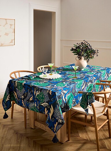 Dora Nola Patterned Black Tasselled colourful tablecloth