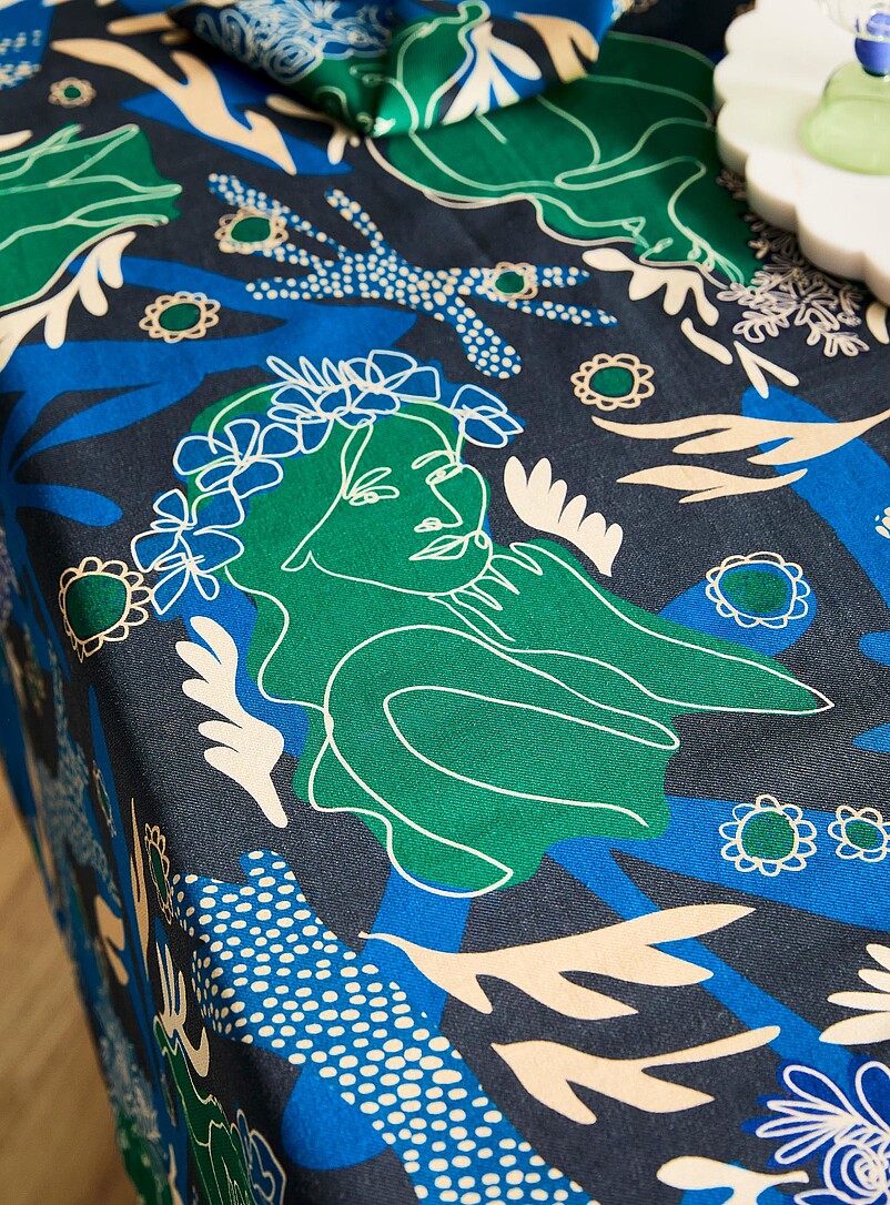 Dora Nola Patterned Ecru Tasselled colourful tablecloth