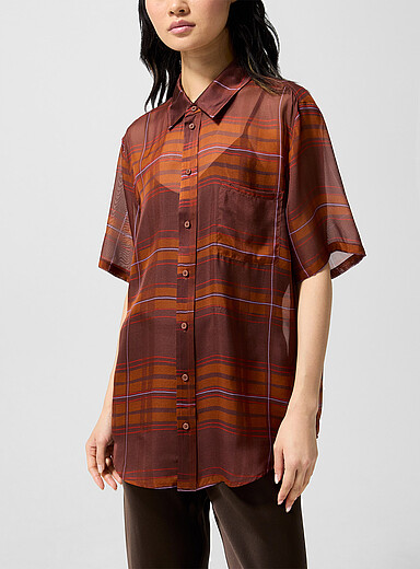 Silk Laundry Copper/Rust Sheer pure silk tartan pattern shirt for women