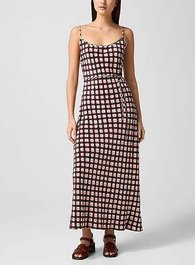 Silk Laundry: La robe vichy marron pure soie &Eacute;cru &agrave; motifs pour femme