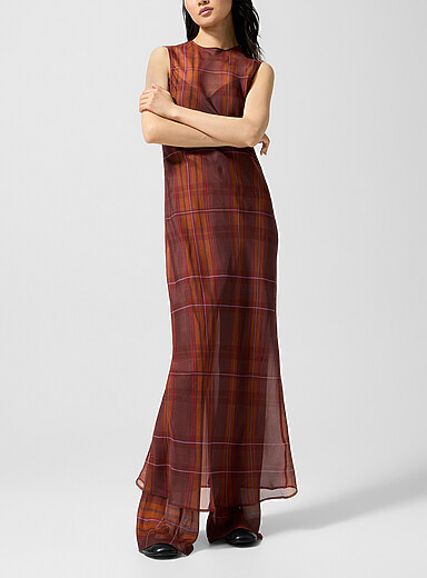 Silk Laundry Copper/Rust Sheer pure silk tartan pattern dress for women