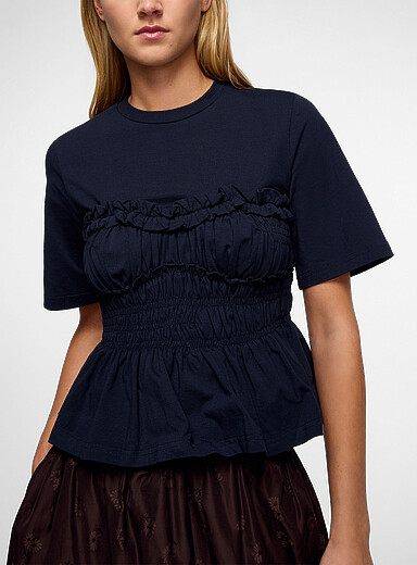 Cecilie Bahnsen: Le t-shirt fronc&eacute; Vilde Bleu marine - Bleu nuit pour femme