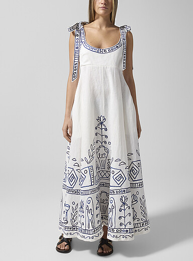 ALEMAIS Ivory/Cream Beige Leela blue pattern pure linen dress for women