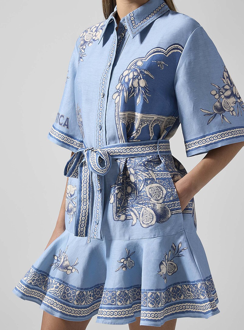 ALEMAIS: La minirobe chemise pur lin Villa Romantica Bleu p&acirc;le - Bleu ciel pour femme