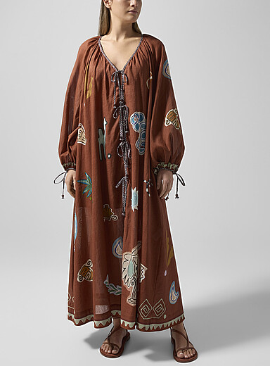 ALEMAIS Copper/Rust Laurence cotton-ramie blend painted shapes dress for women