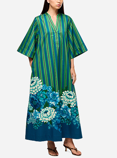 ALEMAIS Patterned Green Margo stripes and flowers maxi tunic dress for women