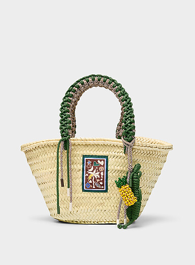 Macrame braided palm leaf basket bag