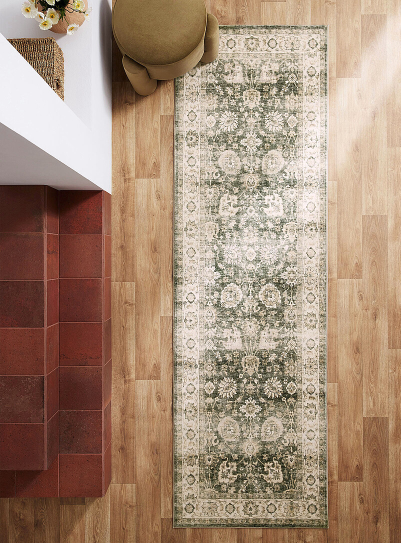 Ecru and green ultra-soft Persian-style hallway rug 75 x 245 cm product image (primary)