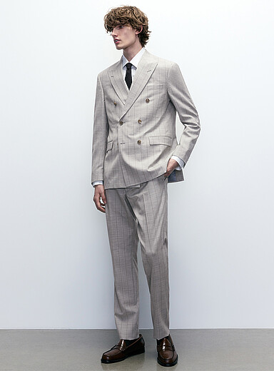Beige stripe double-breasted suit <b>Semi-slim fit</b>