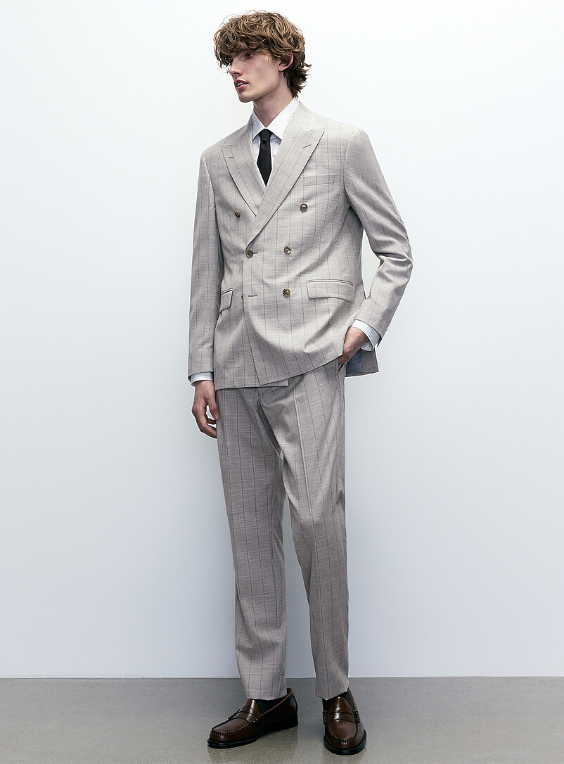 Beige stripe double-breasted suit Semi-slim fit product image (primary)